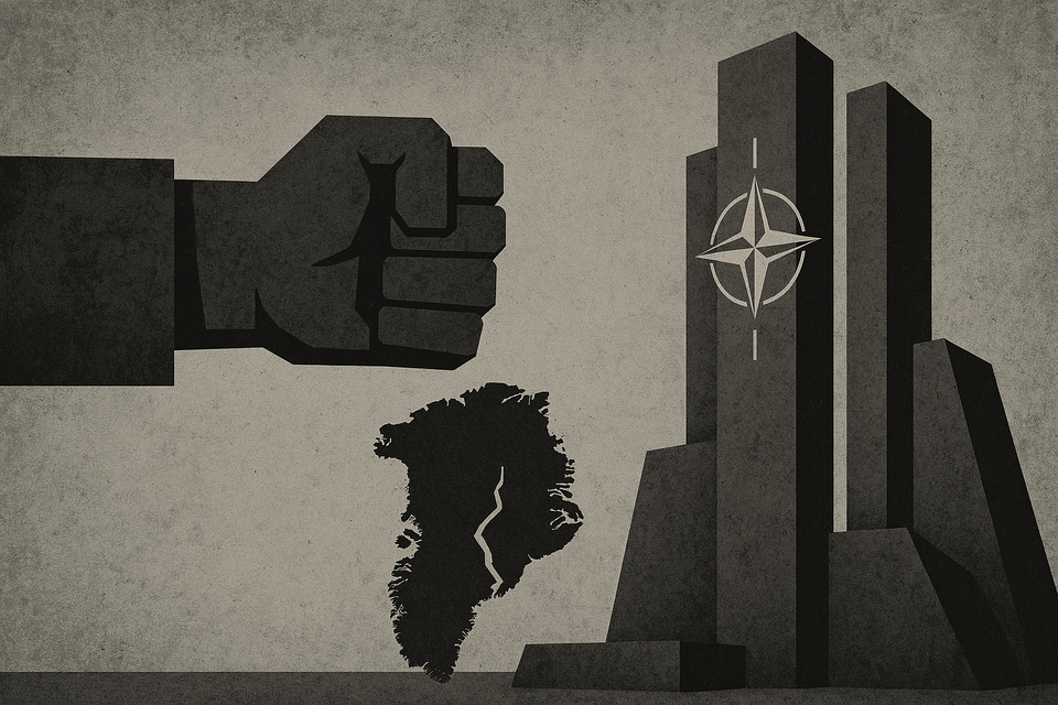 “Illustration symbolizing NATO blocking a territorial grab toward Greenland, inspired by the Chagos Island deal.”